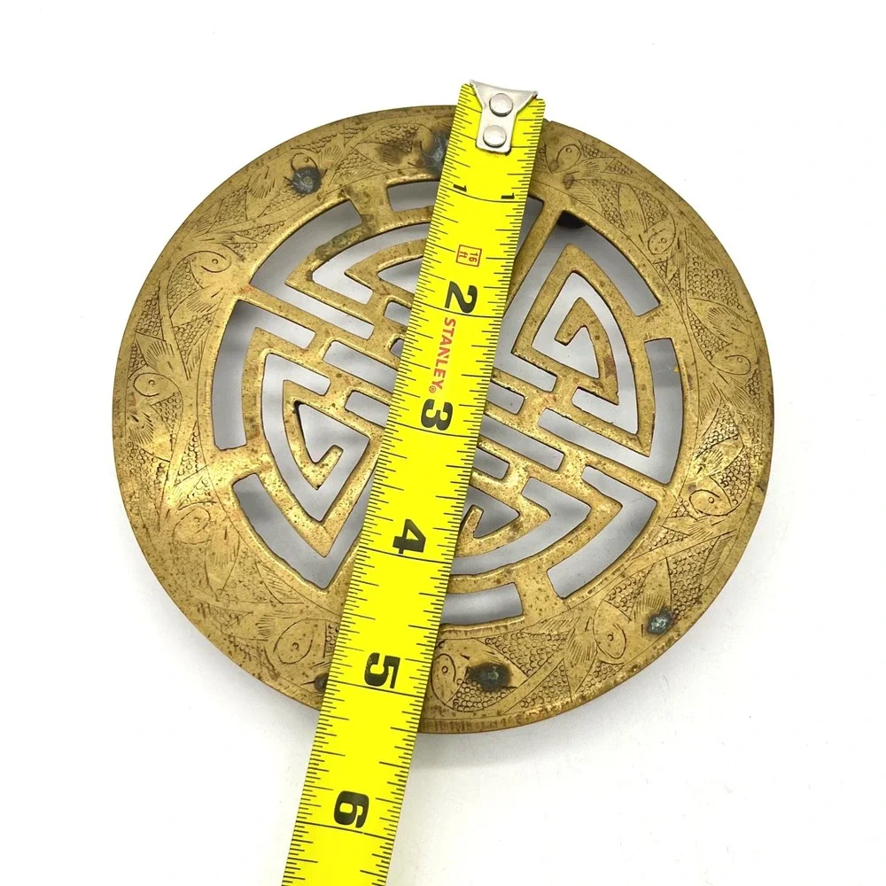 Vintage Chinese Brass Shou Symbol‎ Footed Trivet Etched Fish Design 5.25 Inch